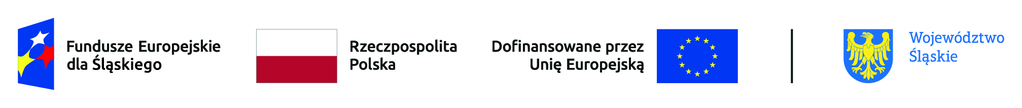 Grafika przedstawia ciąg logotypów: pierwszy od lewej to logotyp programu Fundusze Europejskie dla śląskiego, następnie flaga Polski, logotyp Unii Europejskiej z opisem dofinansowane przez Unię Europejską, po prawej herb województwa śląskiego 