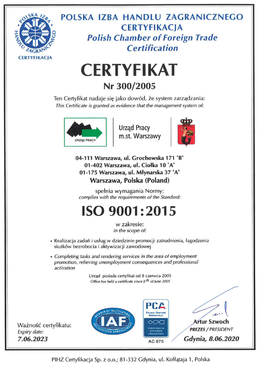 certyfikat spełnienia wymagań normy ISO 9001:2015